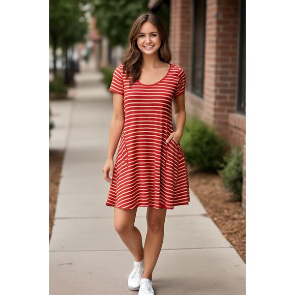 NWT Jodifl Red White Stripe Swing Dress Small Soft Stretch Everyday Casual - Picture 2 of 13
